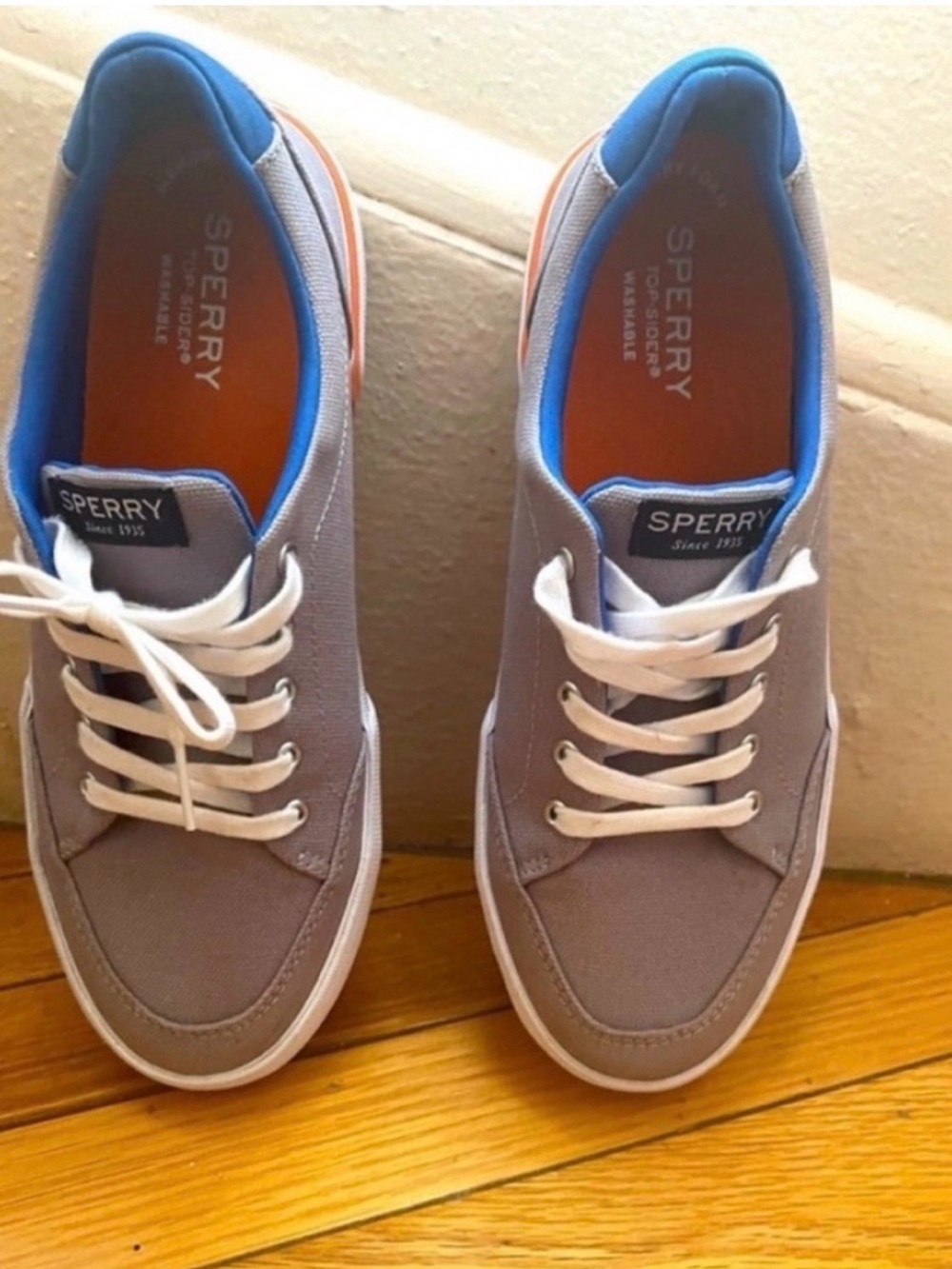 Sperry Men’s Gray Canvas Boat Shoes with Blue Trim